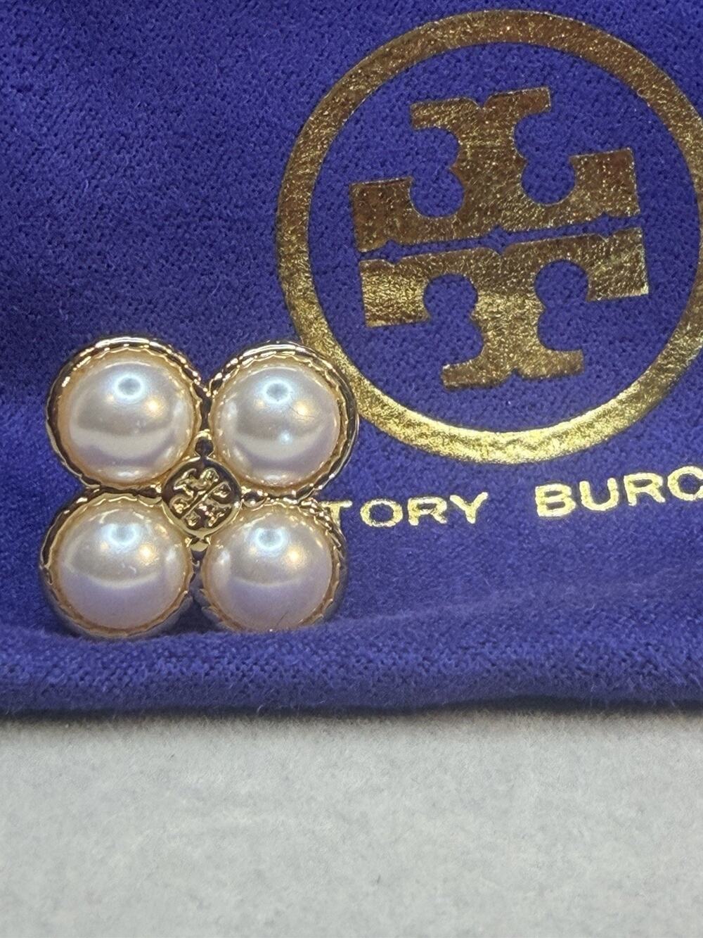 Tory Burch Rope Clover Ring Gold Brass Imitation Pearls Logo Detail Size 7 New